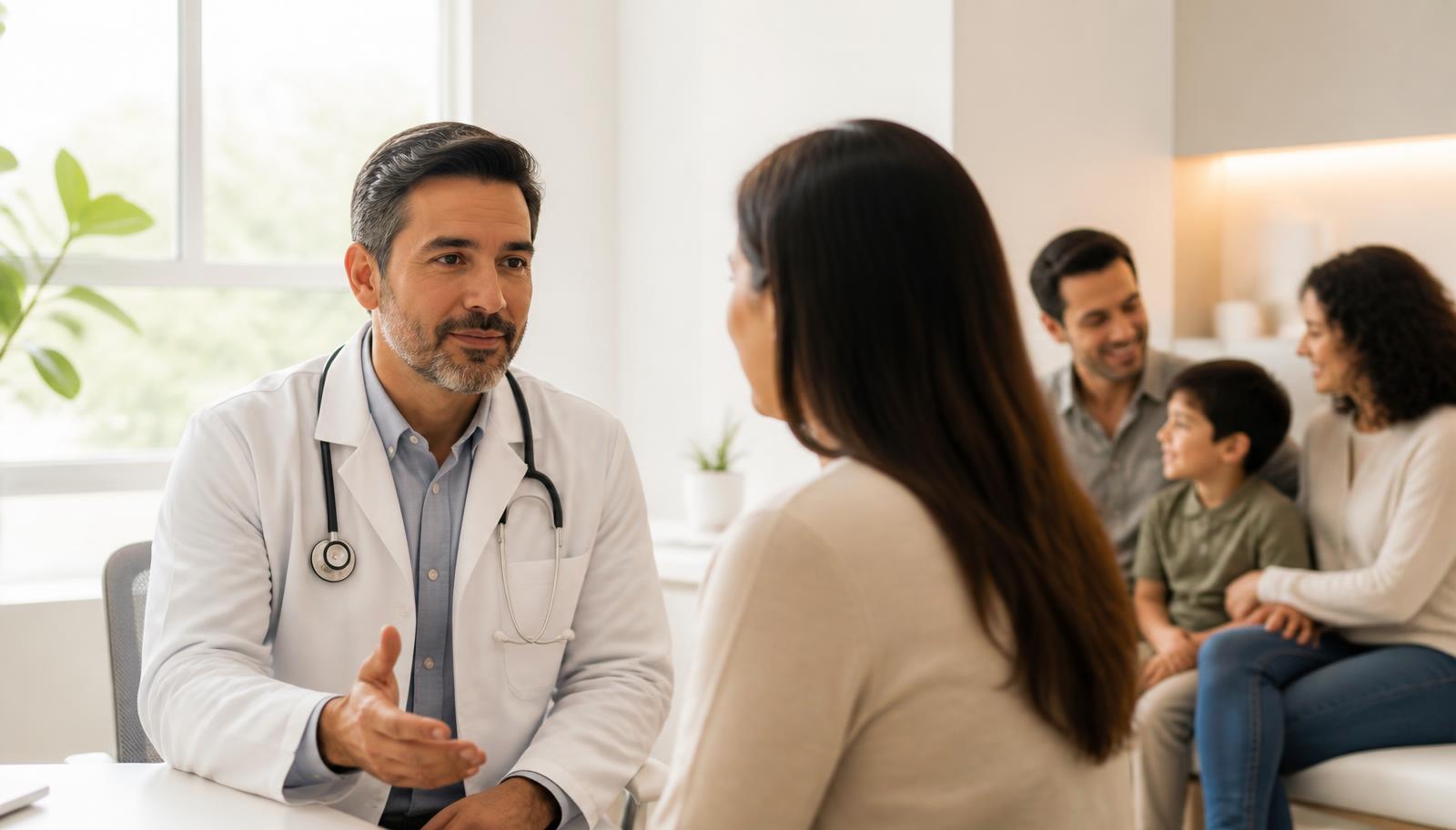 Profissional de saúde conversando com uma paciente em consultório claro, com uma família ao fundo