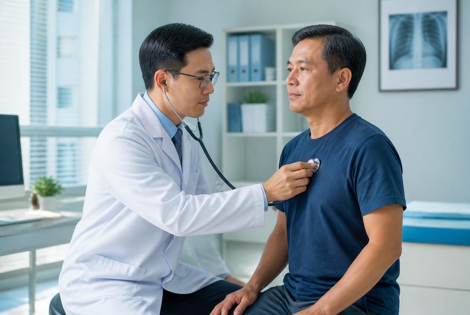 Médico com jaleco branco ausculta o tórax de um paciente adulto em consultório claro