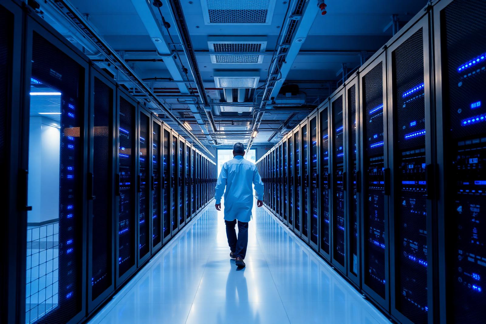 Supercomputador em centro de pesquisa e desenvolvimento de inteligência artificial.