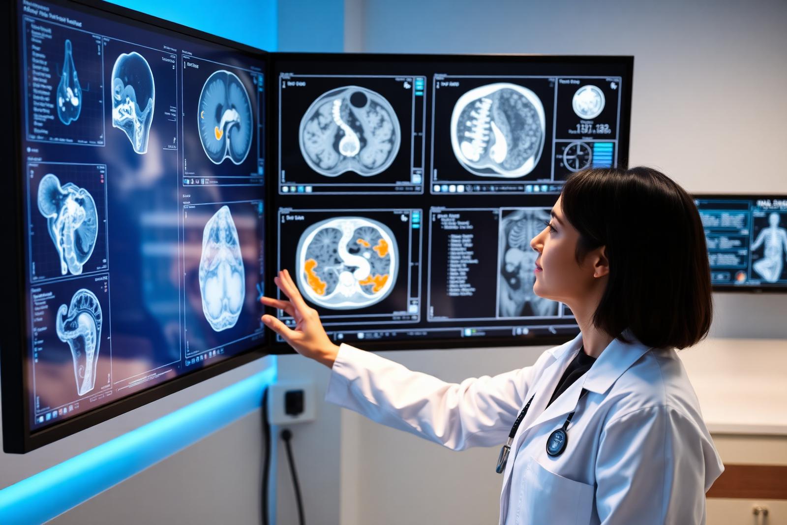 Profissional de saúde utilizando tecnologia de inteligência artificial para análise médica.