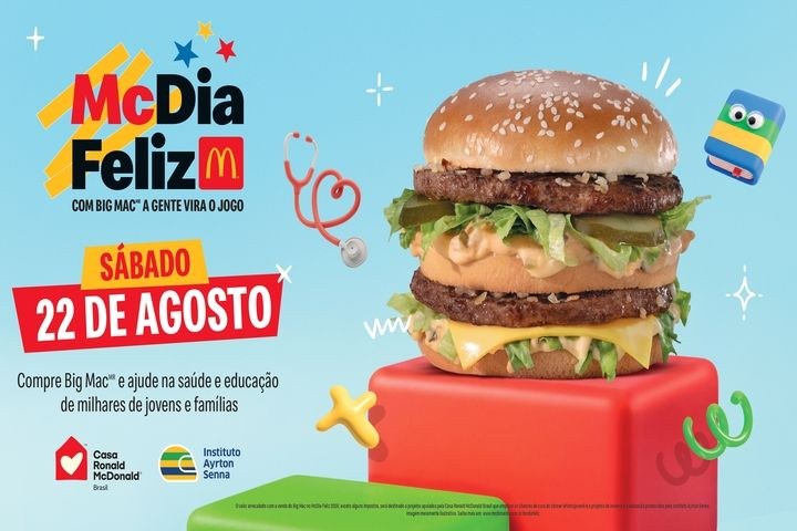 Cartaz do McDia Feliz: sábado, 22 de agosto, com Big Mac e selos da Casa Ronald McDonald e do Instituto Ayrton Senna.