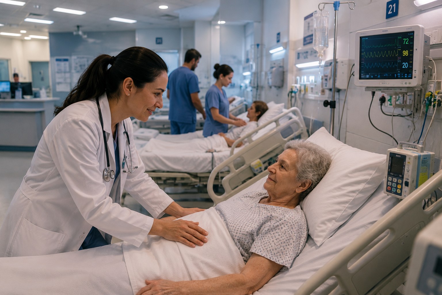 Médica acompanha paciente internada em enfermaria de hospital filantrópico que atende pelo SUS.