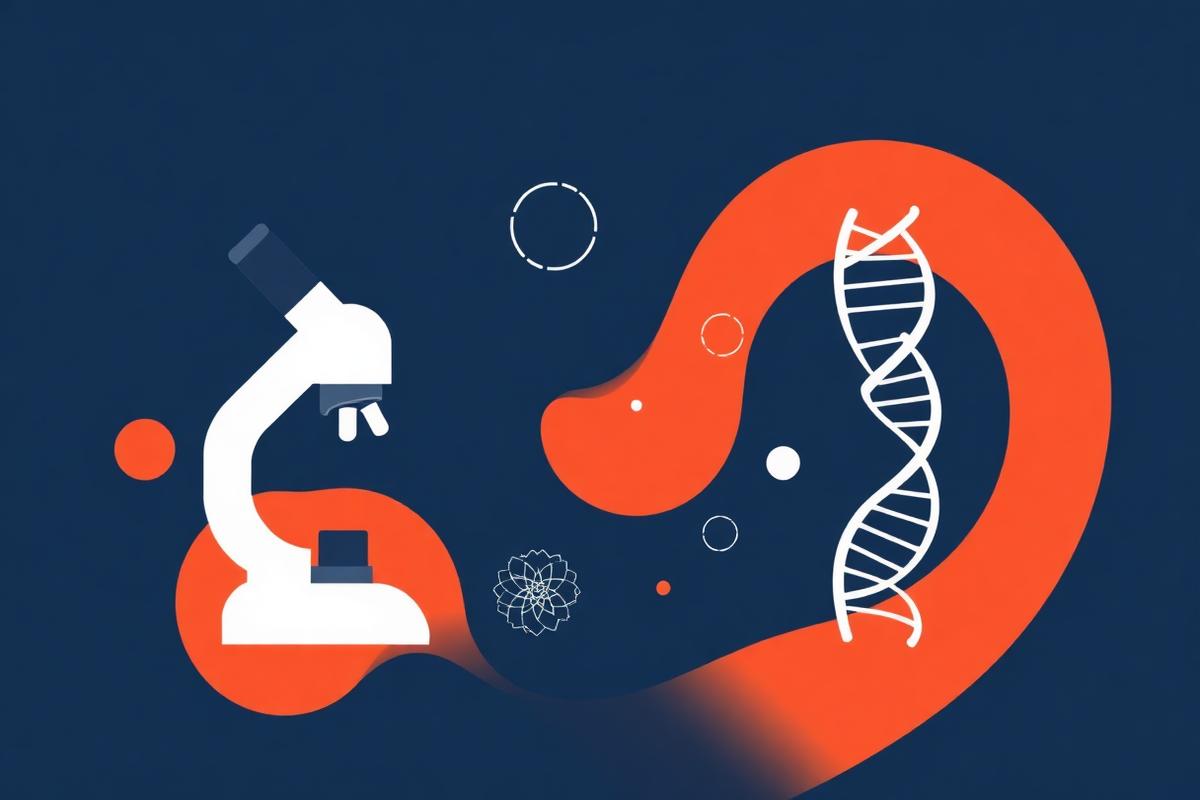 Composição gráfica editorial com microscópio, moléculas e hélice de DNA em azul-marinho e terracota.