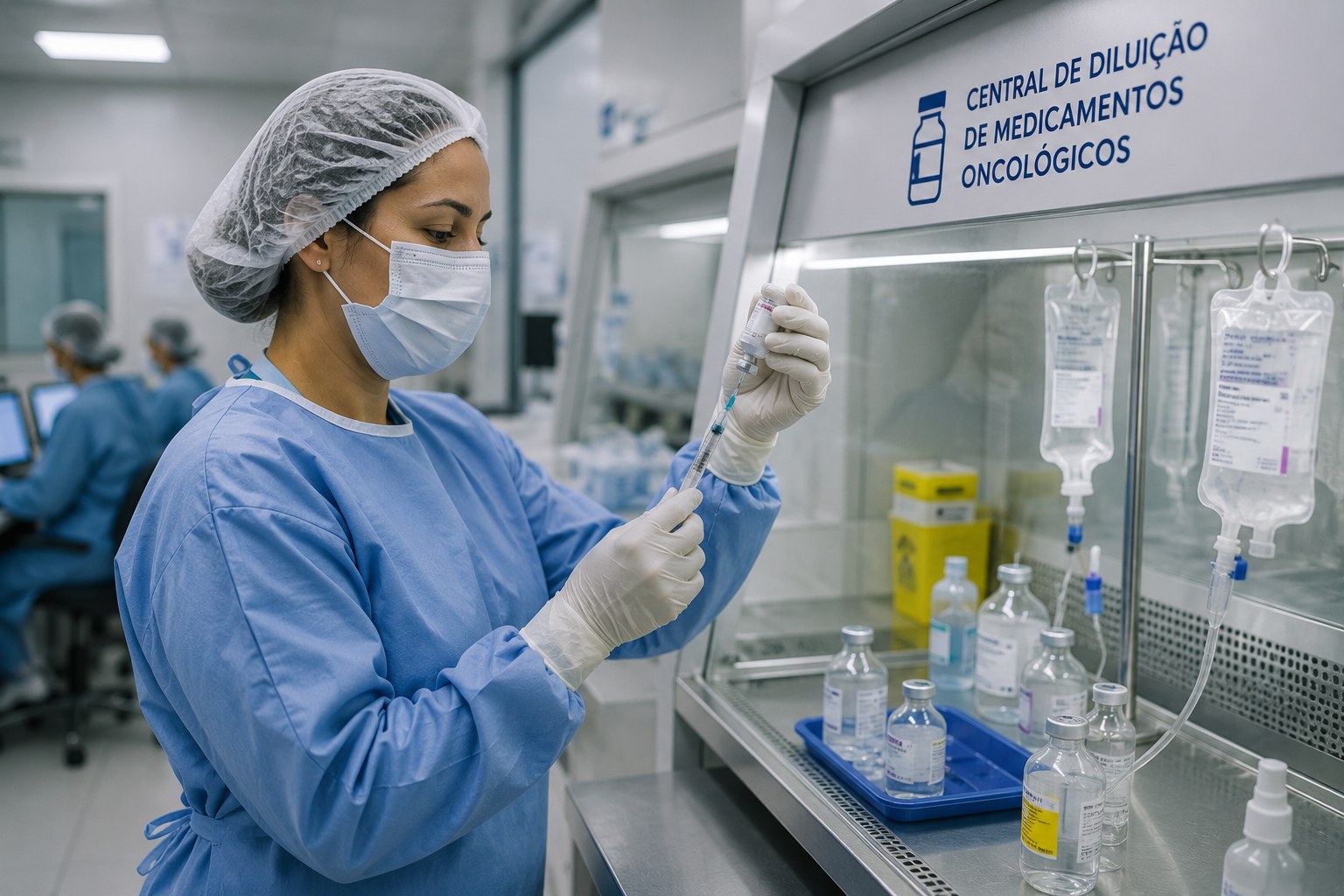 Profissional de saúde prepara medicamento em central de diluição de medicamentos oncológicos.