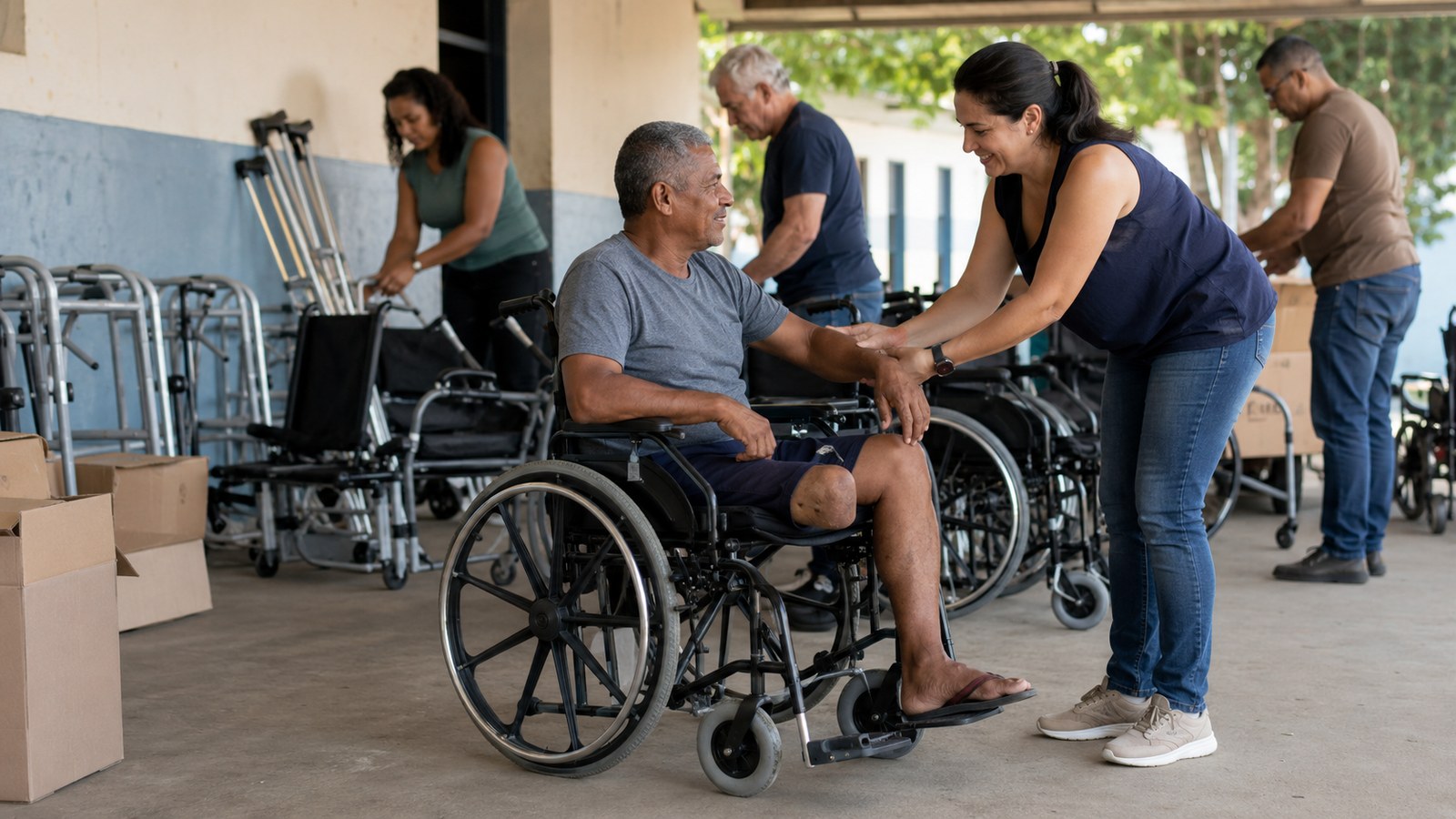 Voluntária cumprimenta homem sentado em cadeira de rodas durante entrega de equipamentos de tecnologia assistiva
