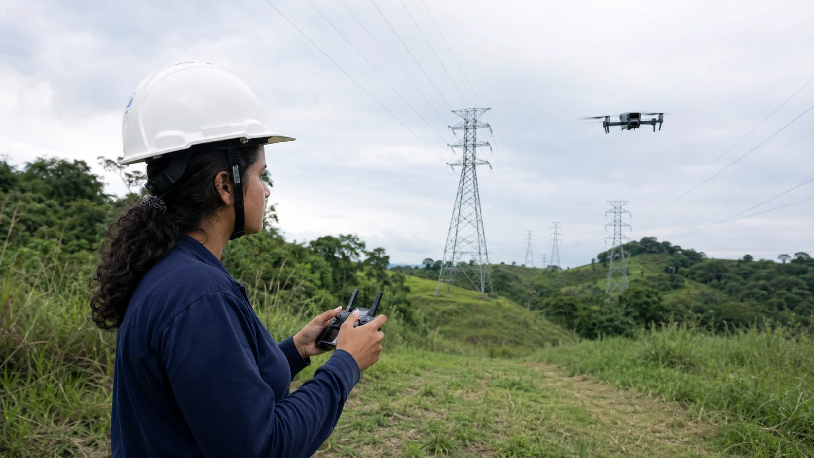 Profissional com capacete de segurança opera drone próximo a torres de linhas de transmissão de energia