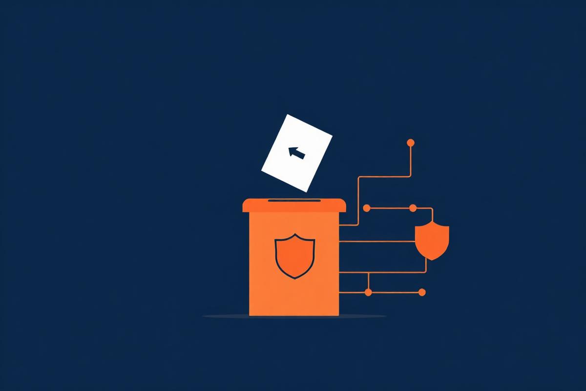 Composição gráfica editorial com urna, escudo de proteção e linhas digitais em fundo azul-marinho.